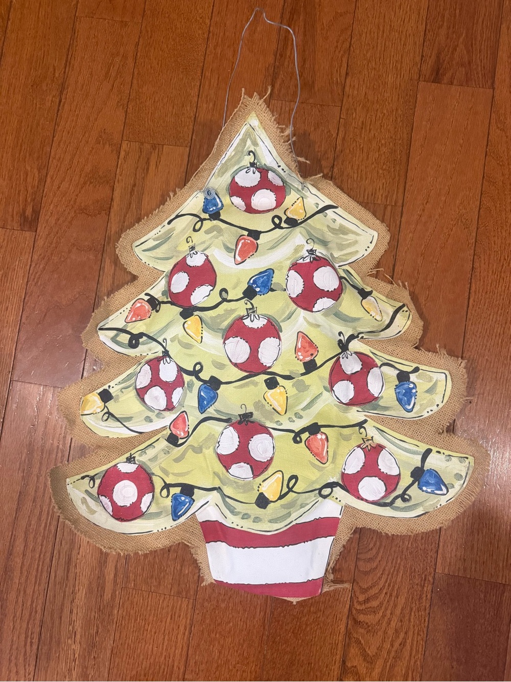 Hand-Painted Yellow Christmas Tree Door Hanger with Red Ornaments